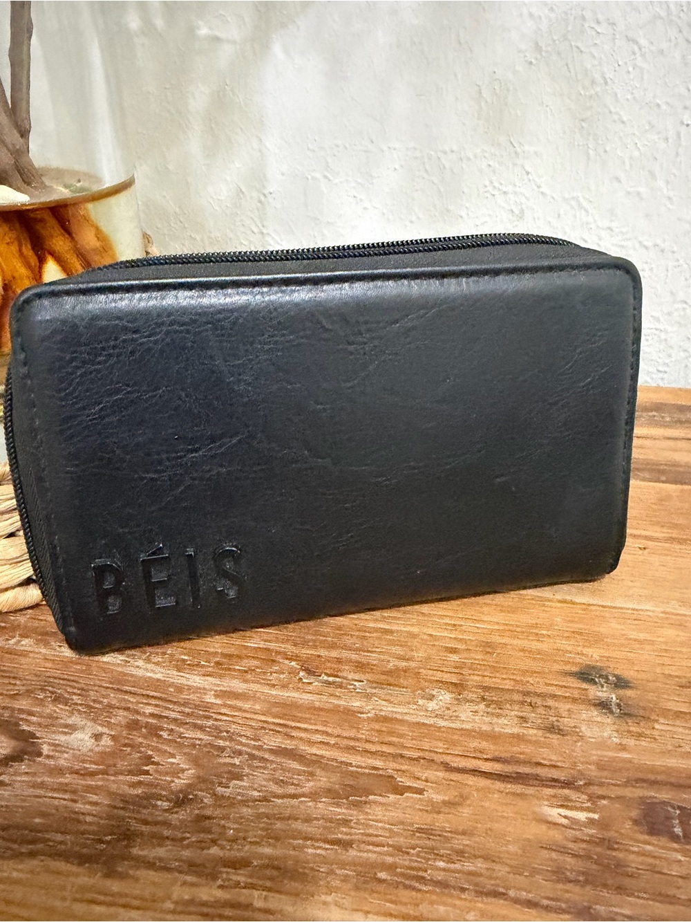 BEIS Black Leather Zip Travel Wallet